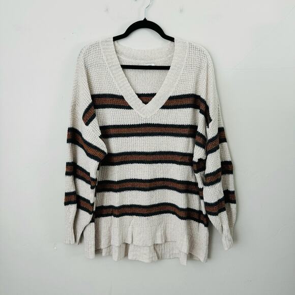 American Eagle Beige And Brown Striped V-neck Knit Sweater Women’s Size L - Picture 1 of 9